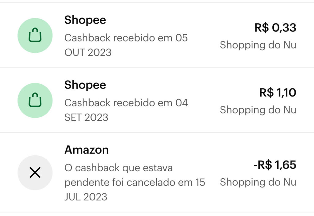 Registro de cashback do Nubank, mostrando transações de Shopee e Amazon com valores recebidos e cancelados.
