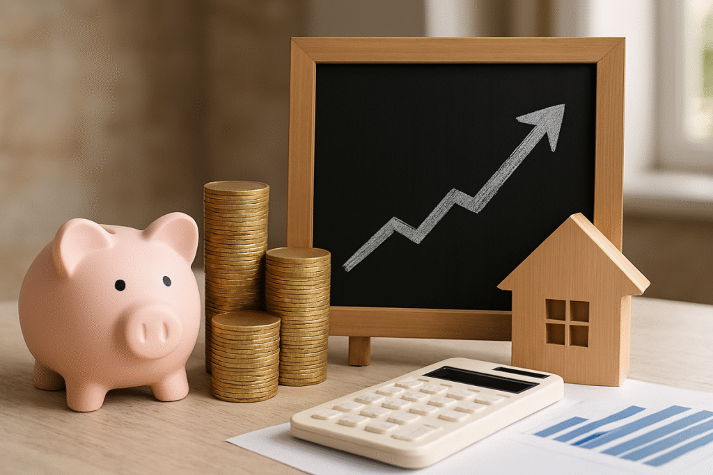 Cofrinho, moedas empilhadas, quadro de crescimento, casa e calculadora juntos.