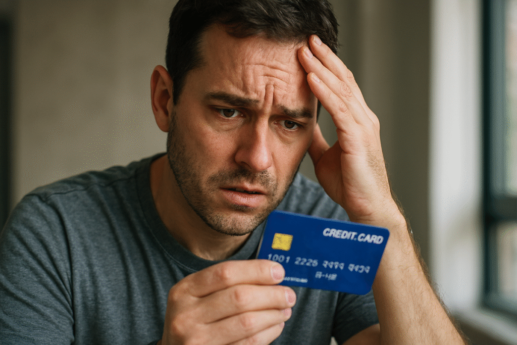 Homem segurando cartão de Crédito com expressão de preocupação em dívidas.