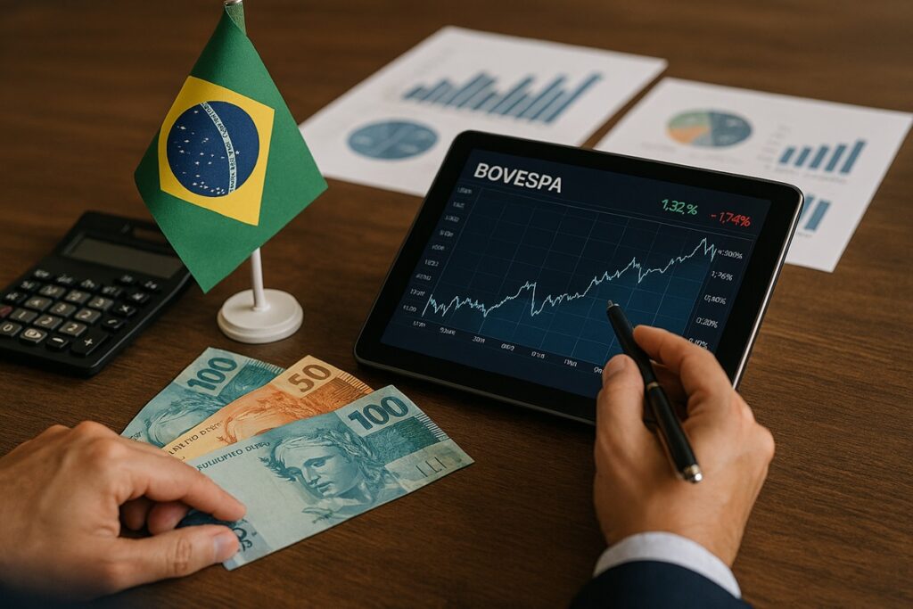 Homem verificando as ações na bolsa de valores brasileira.