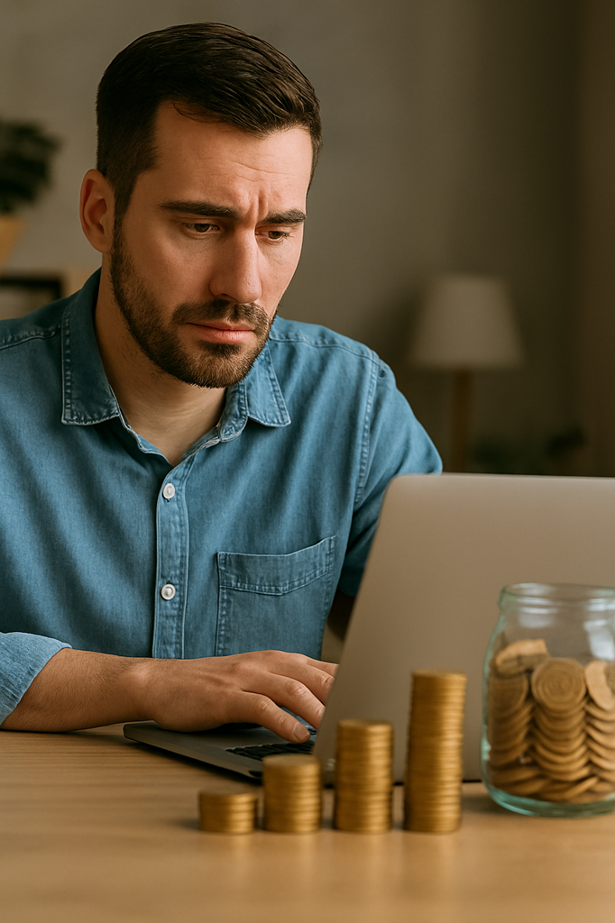 Homem preocupado analisando finanças no notebook com moedas empilhadas sobre a mesa.