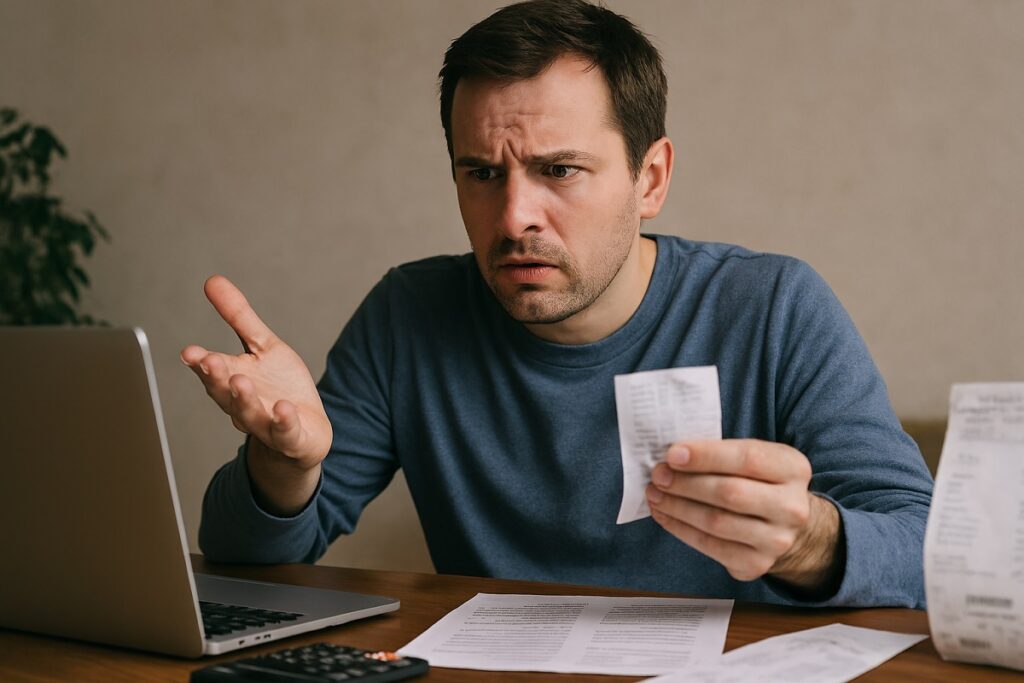 Homem tentando entender a diferença entre Taxas e Contribuições