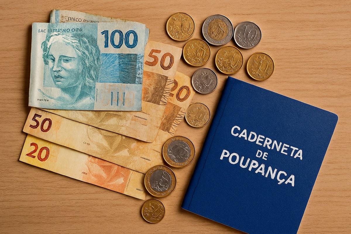 Cédulas de real brasileiro, moedas empilhadas e uma caderneta azul sobre uma mesa