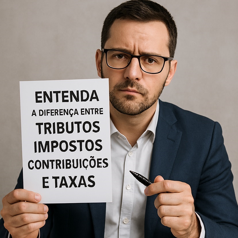 Homem segurando cartaz explicativo sobre tributos e impostos com expressão séria.