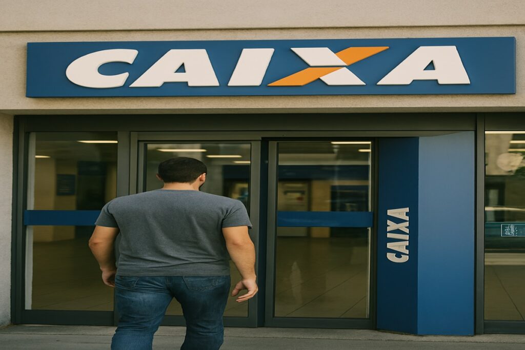 Homem entrando no banco para depositar dinheiro na poupança.