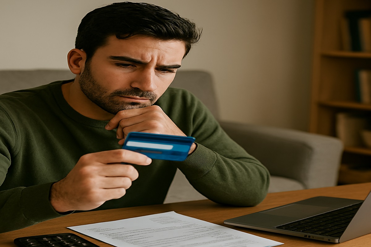 Homem pensando o que acontece se pagar o mínimo do cartão de crédito.