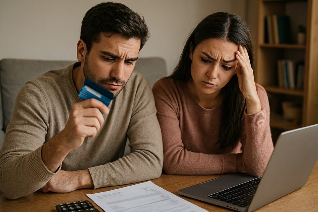 Casal analisando o que acontece se pagar o mínimo do cartão de crédito.
