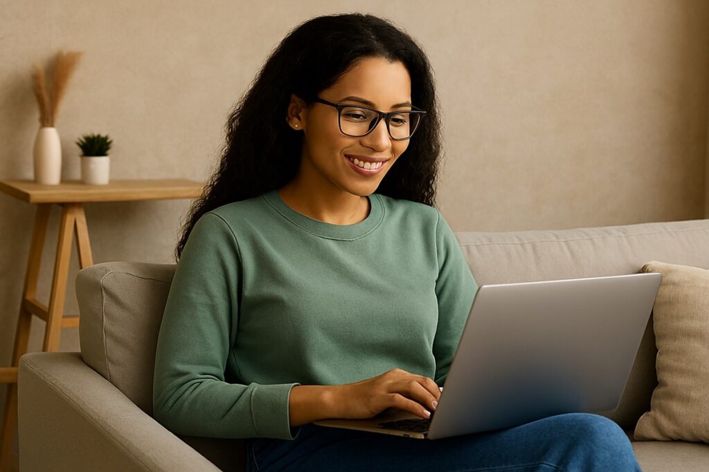 Mulher jovem de óculos usando notebook no sofá buscando formas de fazer renda extra.