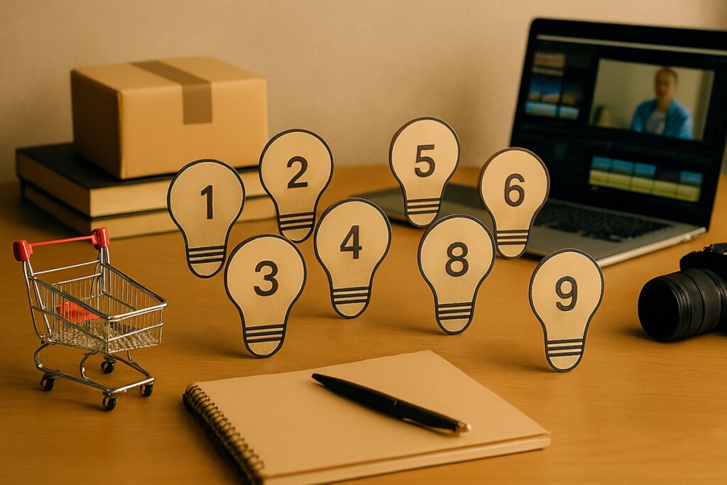 Lâmpadas numeradas representando ideias para renda extra, bloco de notas, notebook e carrinho de compras em mesa de trabalho.