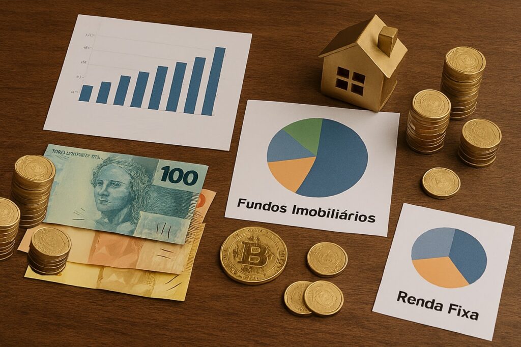 Ações, renda fixa, fundos imobiliários representados na imagem.