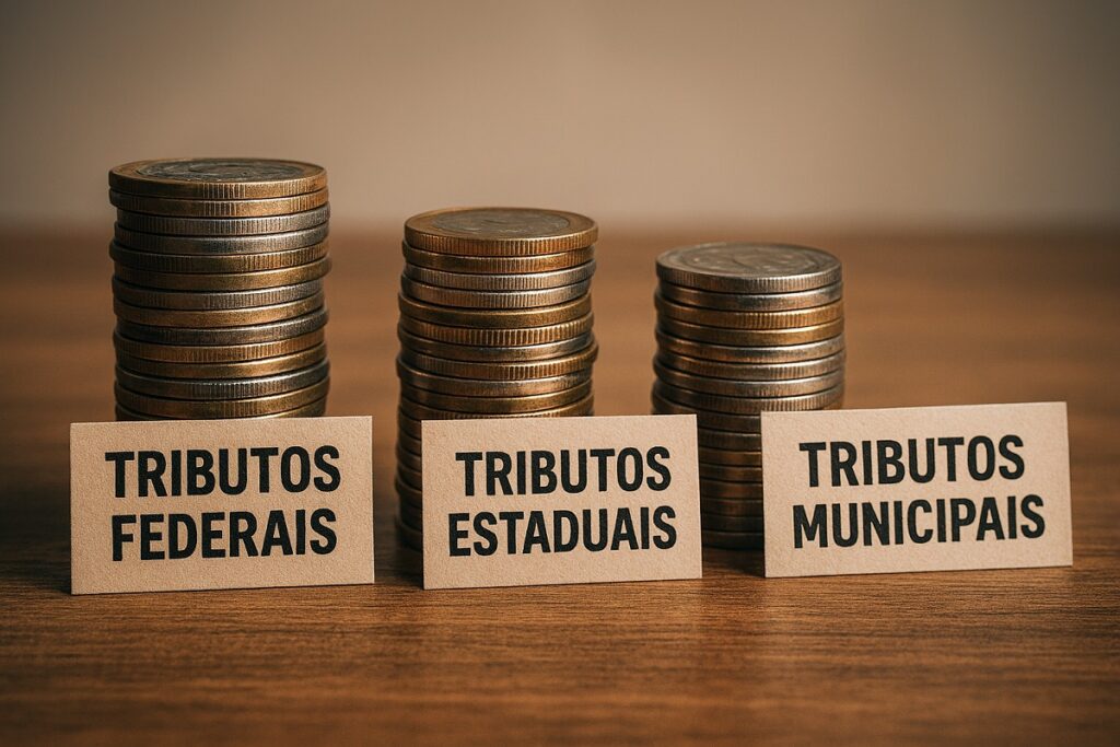 Imagem com moedas representando Tributos Federais, Estaduais e Municipais.