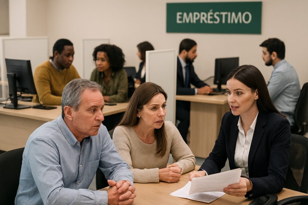 Pessoas de diferentes perfis sendo atendidas por gerentes em um banco durante solicitação de empréstimos