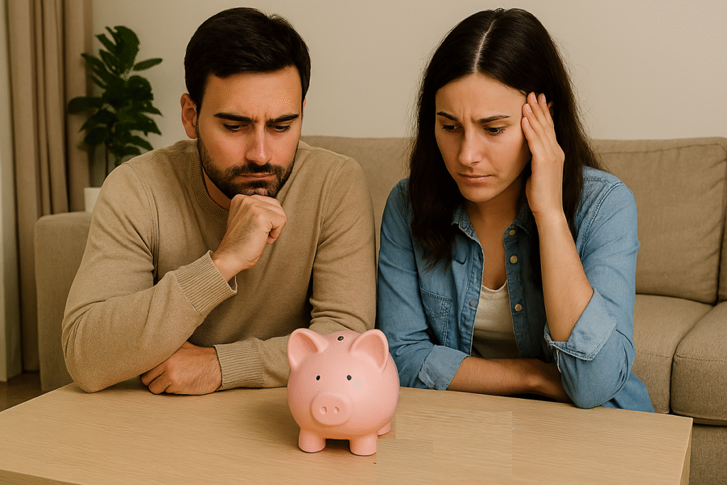 Casal pensando em como guardar R$ 500 reais por mês.