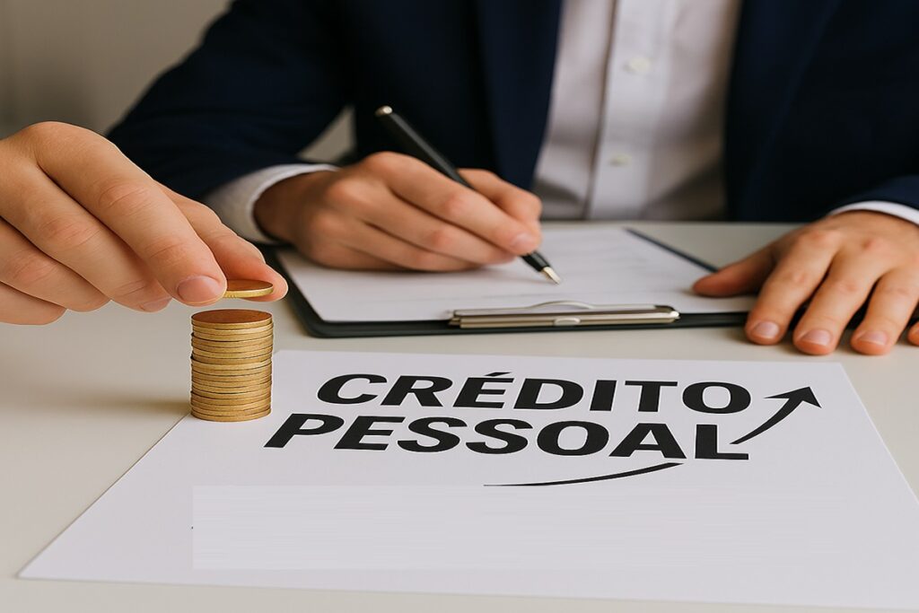 Pessoa empilhando moedas douradas sobre mesa branca ao lado de documento com título "CRÉDITO PESSOAL" e seta indicando crescimento dos juros.