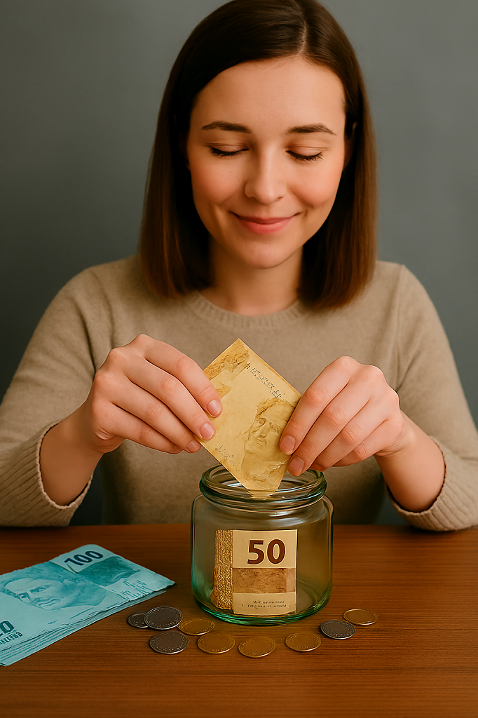 Mulher guardando nota de cinquenta reais em pote de vidro com moedas e notas de cem reais na mesa.