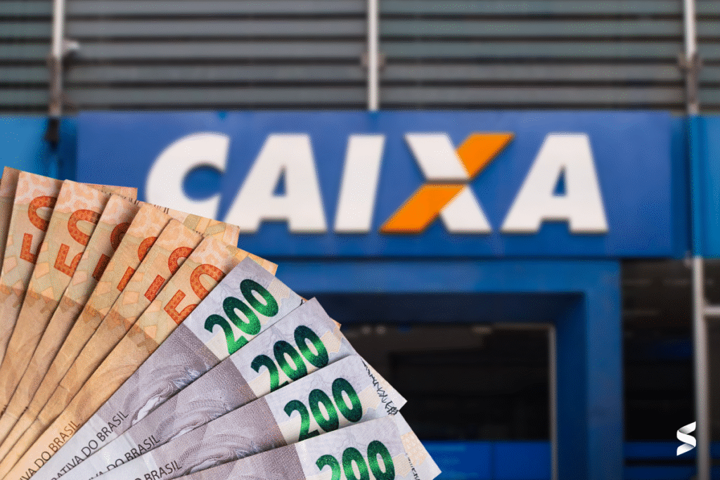 Empréstimos com cotas de 50 e 200 reais em frente à agência da Caixa Econômica Federal.