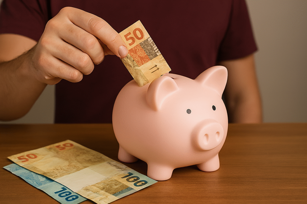 Homem guardando nota de cinquenta reais em pote de vidro com moedas e notas de cem reais na mesa.