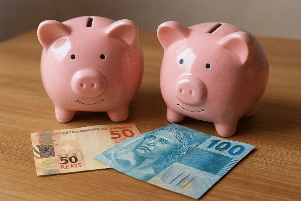 Dois cofrinhos simbolizando poupança, acompanhados de notas de 50 e 100 reais, incentivam o hábito de economizar.