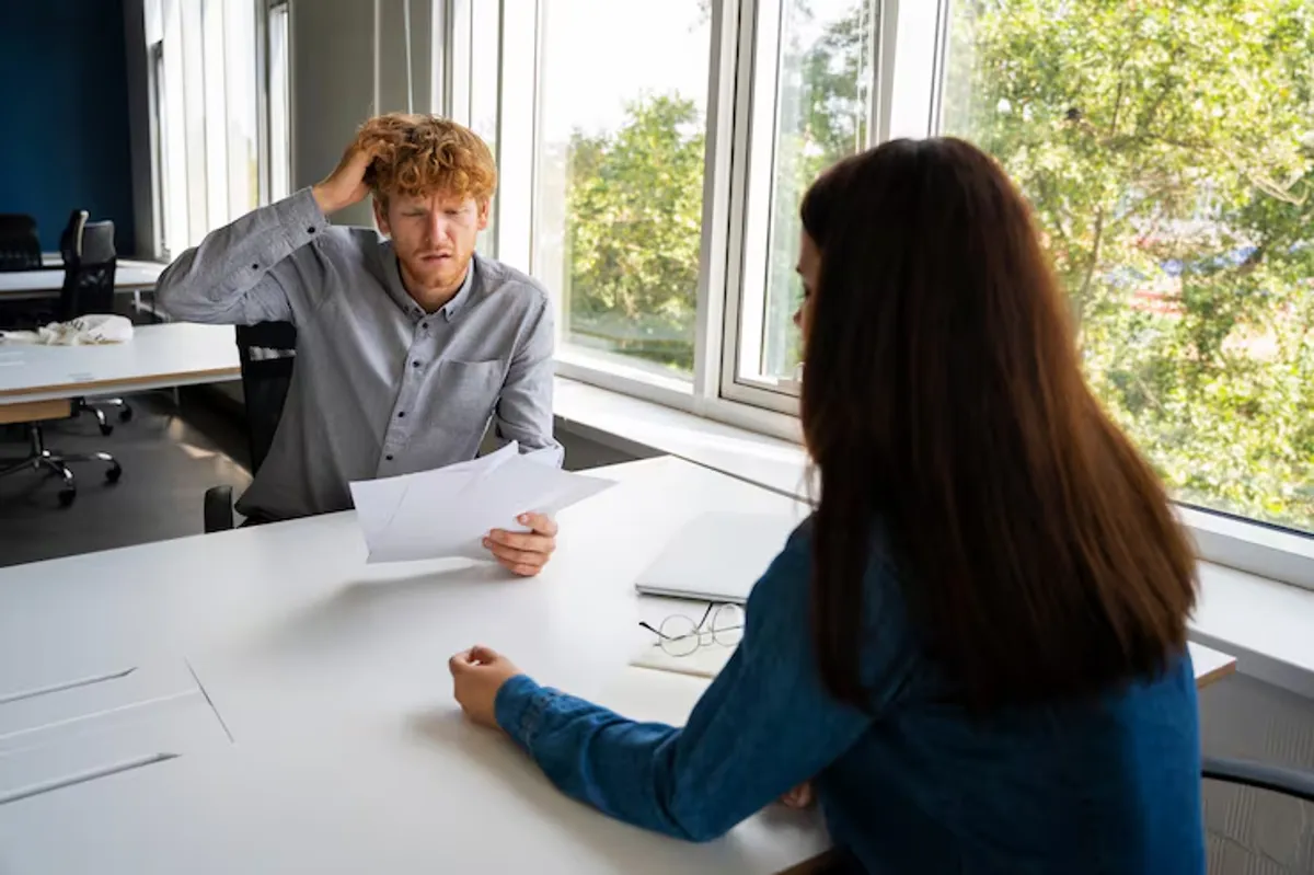 Pessoa preocupada durante uma entrevista de emprego, com papéis nas mãos, mostrando dificuldade em responder a perguntas difíceis.