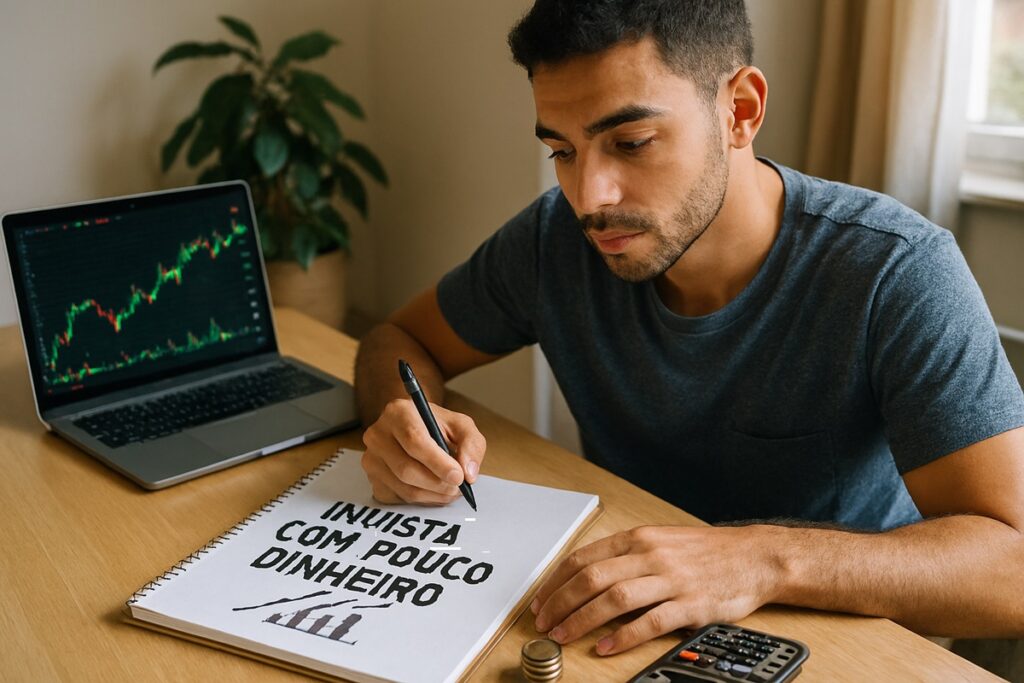 Pessoa analisando finanças no notebook com moedas empilhadas sobre a mesa.