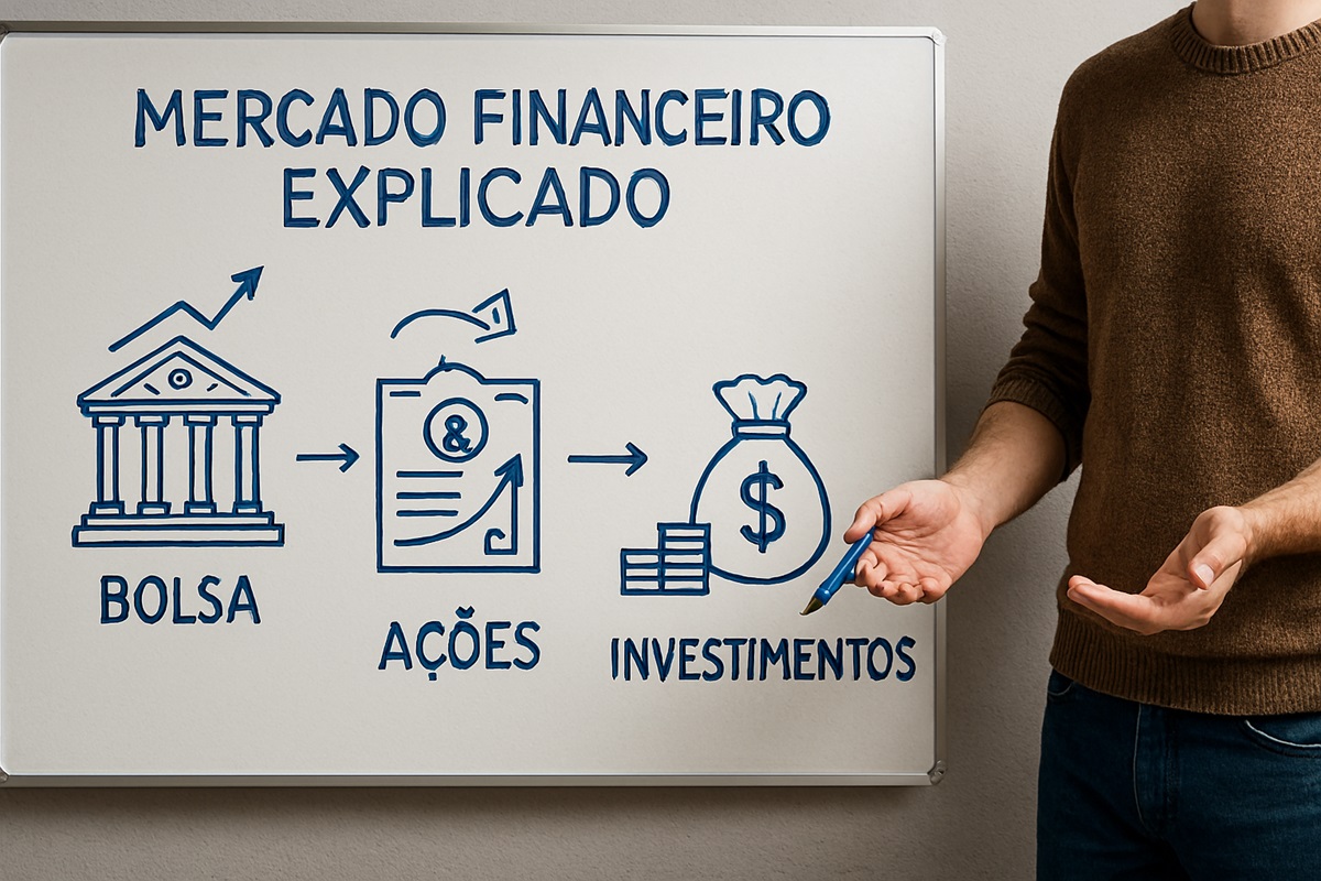 Pessoa explicando conceitos básicos do mercado financeiro em frente a um quadro branco com desenhos sobre bolsa de valores, ações e investimentos.