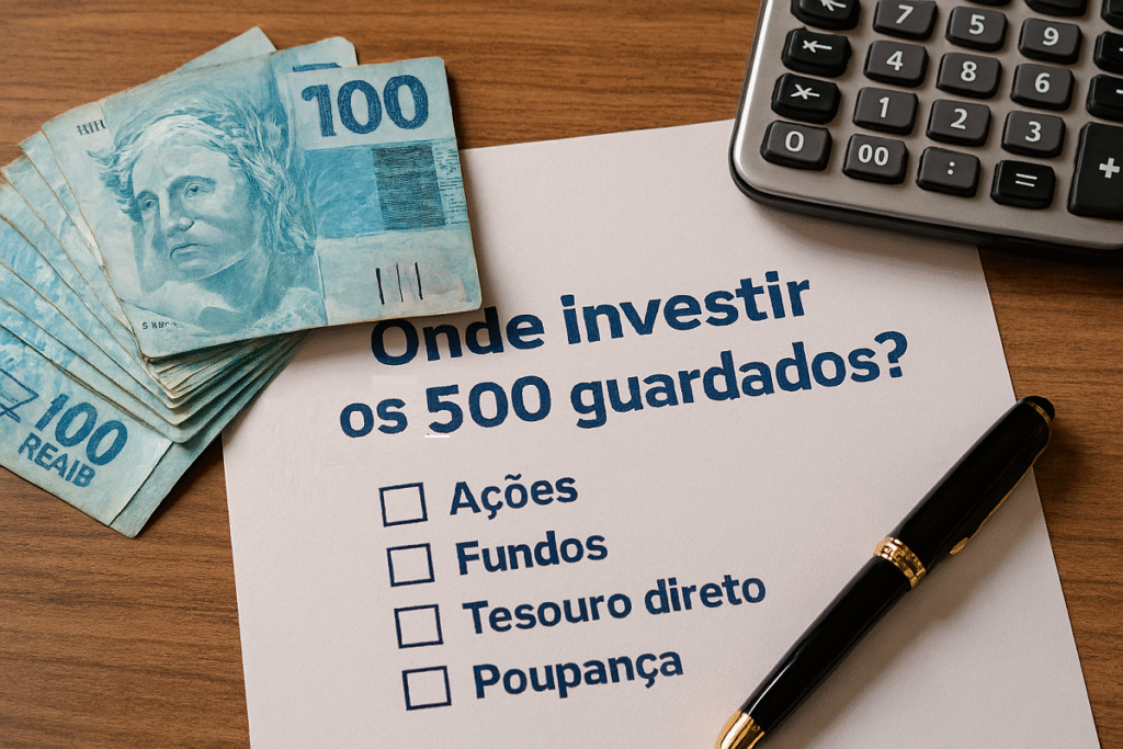 Nota de cem reais, folha de investimentos, caneta e calculadora sobre mesa de madeira.