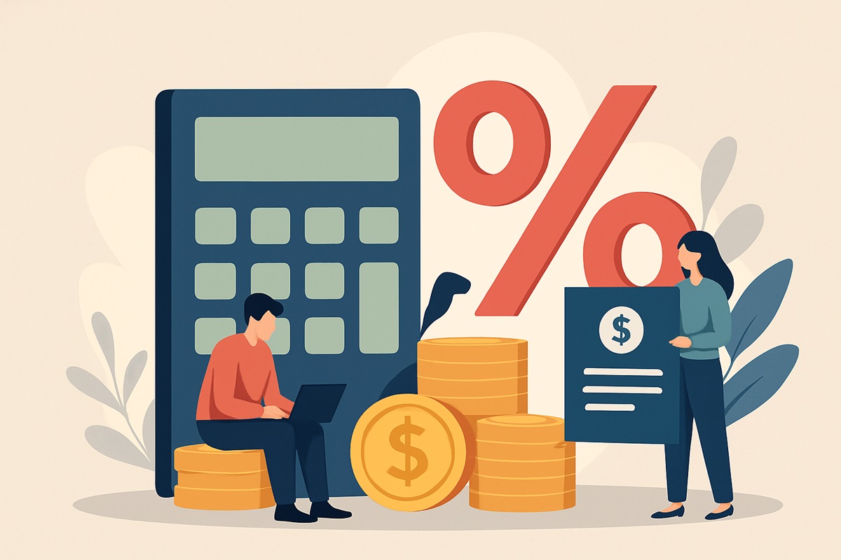 Ilustração de pessoas com calculadora gigante, moedas e símbolo de porcentagem