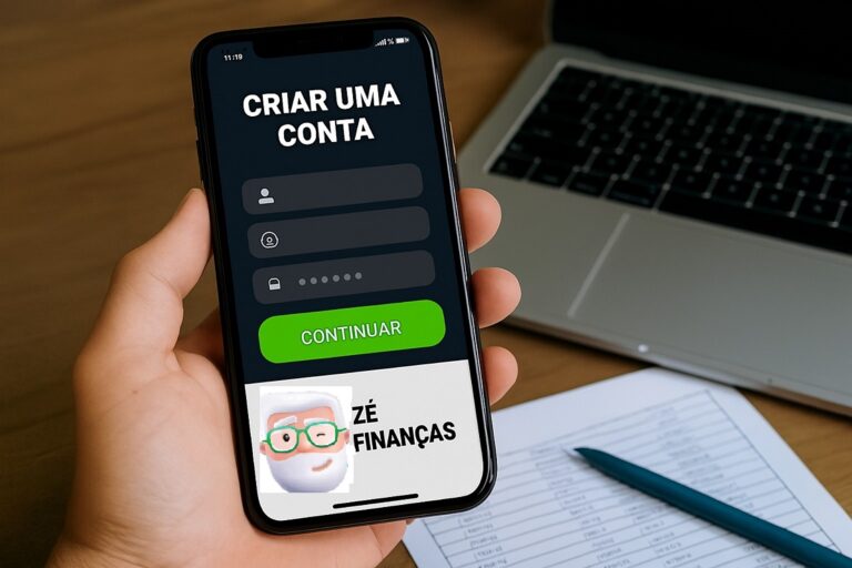 Zé Finanças exibindo tela de criar conta em smartphone, com laptop ao fundo.