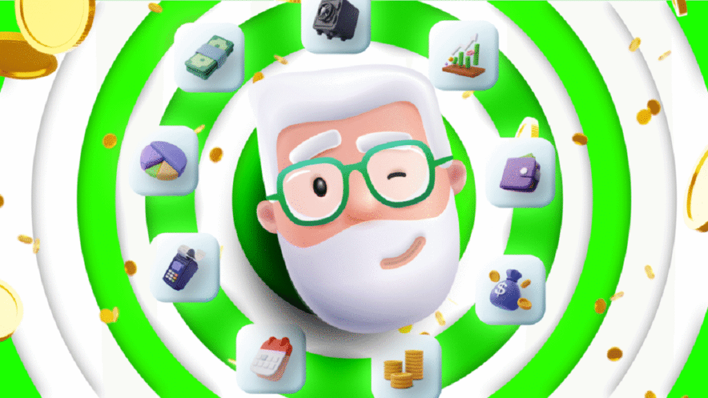Imagem ilustrativa de controle financeiro com um personagem simpático e ícones de finanças, como dinheiro, cartões, e planilhas.