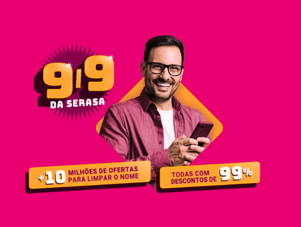 Homem sorridente segurando celular ao lado de promoções do 9/9 da Serasa.