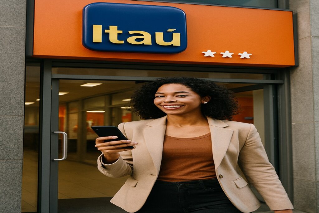 Mulher saindo de agência do banco Itaú segurando celular prestes a usar o Pix parcelado.