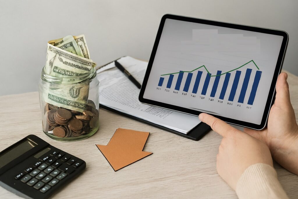 Pessoa analisando gráfico de investimentos com baixo risco ao lado de jarro com dinheiro e calculadora sobre mesa de madeira clara.