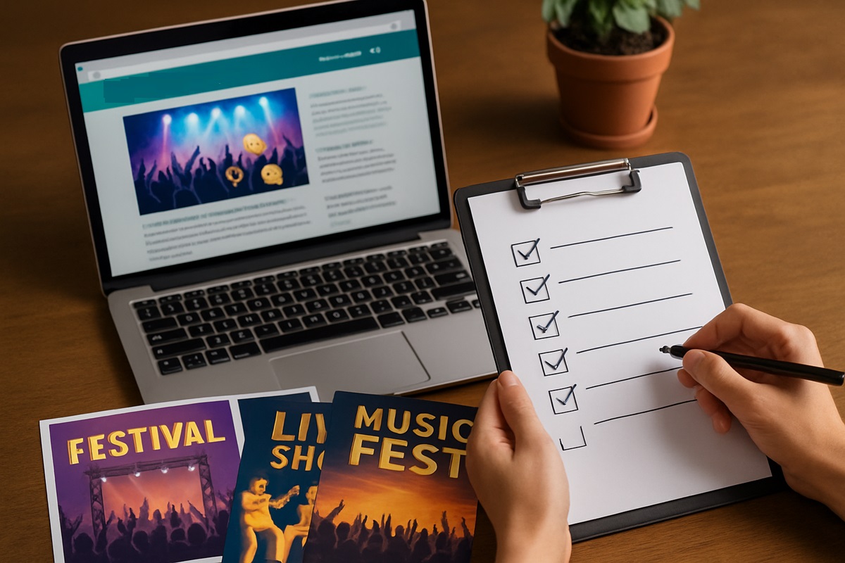 Pessoa preenchendo checklist ao lado de laptop e folhetos de festivais