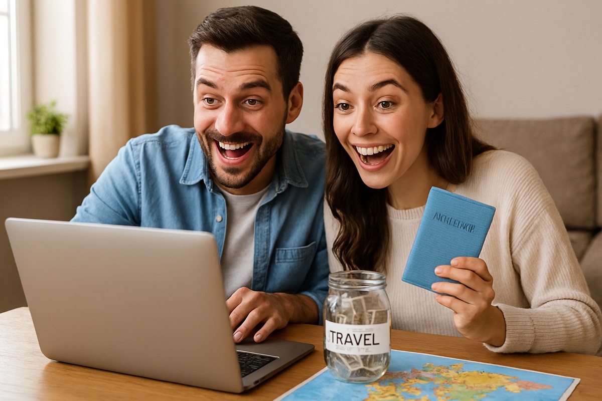 Casal feliz após planejar viagem de férias com organização financeira.