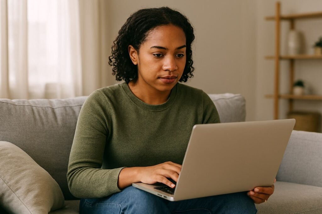 Mulher usando ferramentas online para maximizar sua renda extra.