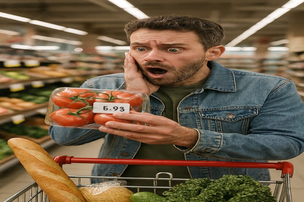 Homem surpreso segurando pacote de tomates caros em supermercado, com expressão de espanto.