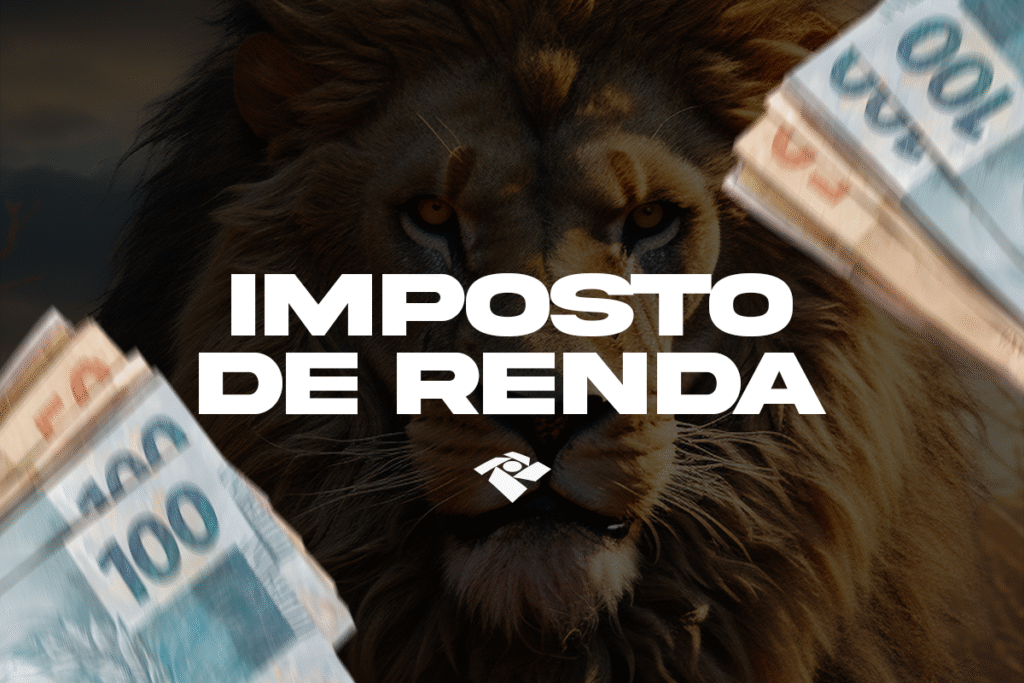 Leão do Imposto de Renda com notas de reais, representando a restituição de 2025