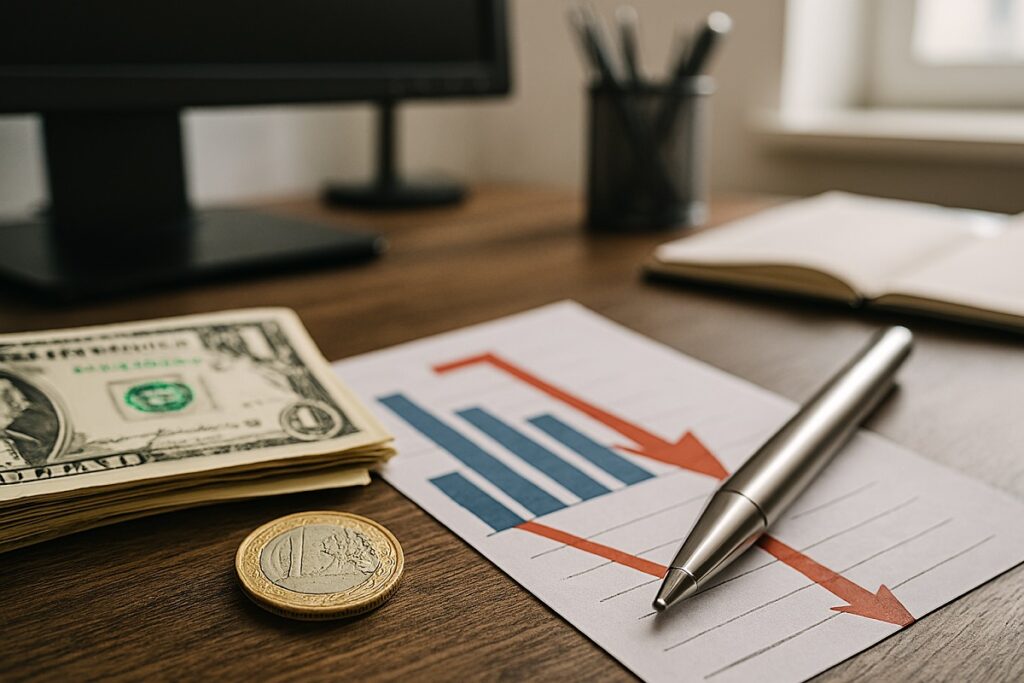 Mesa de escritório com gráficos financeiros em queda, moeda de euro, notas de dólar e objetos de trabalho ao fundo.
