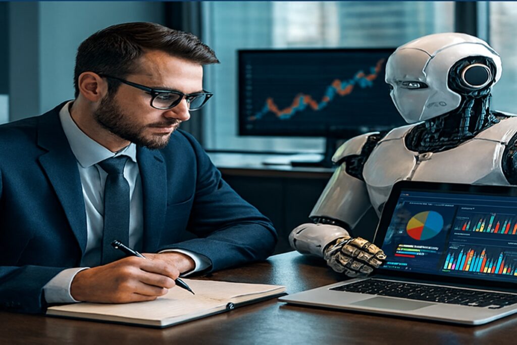 Profissional de finanças interagindo com robô consultor em ambiente corporativo moderno, com gráficos de investimentos ao fundo.
