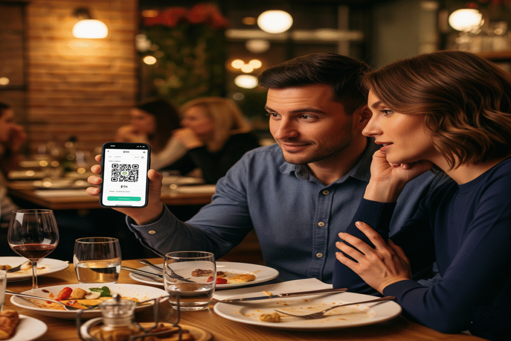 Homem segurando um smartphone com o QR code do Pix na tela, ao lado de sua parceira, para pagar a conta em uma mesa de restaurante.