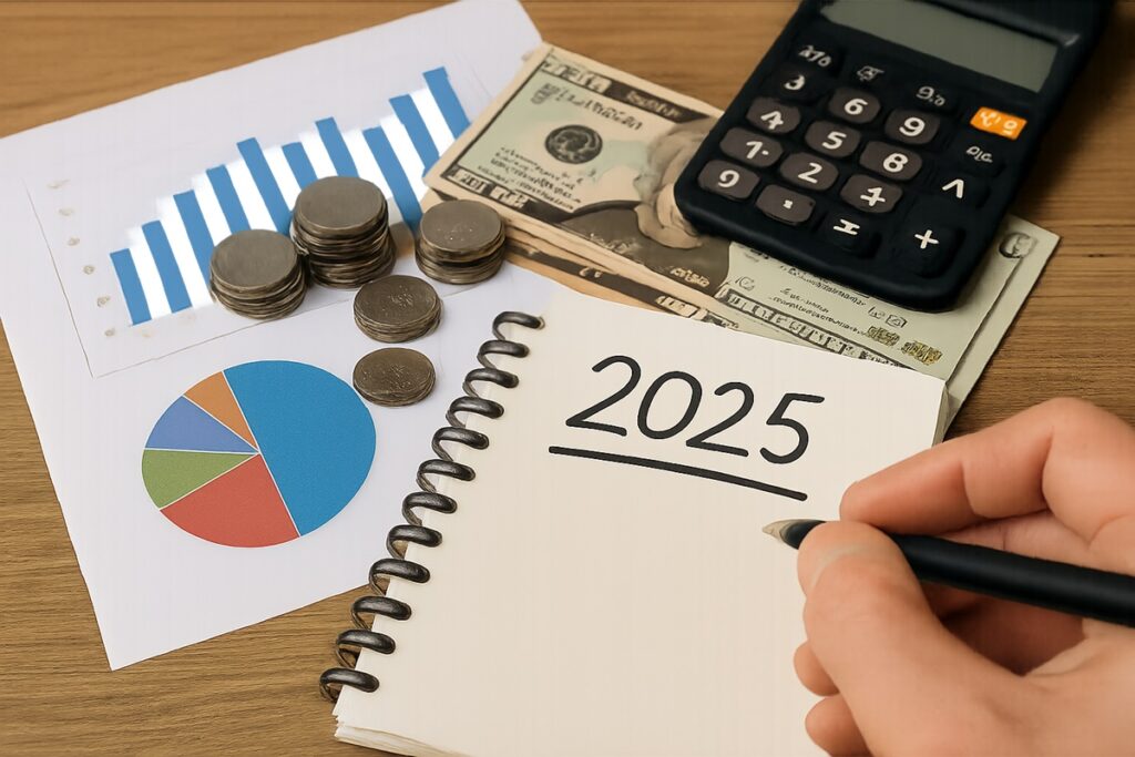 Planejamento financeiro de renda extra para 2025 com gráficos, dinheiro e calculadora