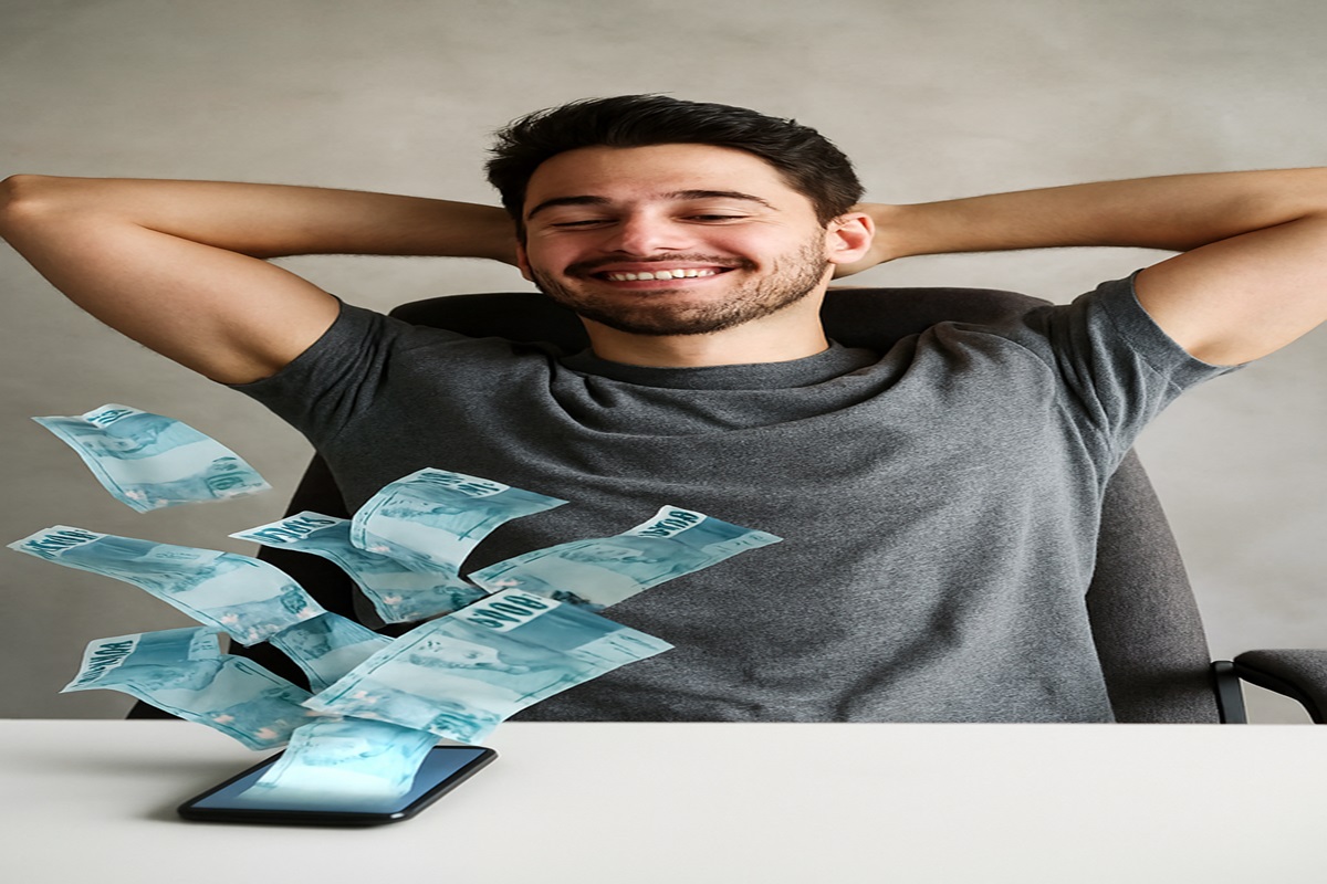 Homem jovem sorrindo com postura relaxada enquanto notas de 100 reais saem de um smartphone sobre a mesa, simbolizando sua renda passiva.
