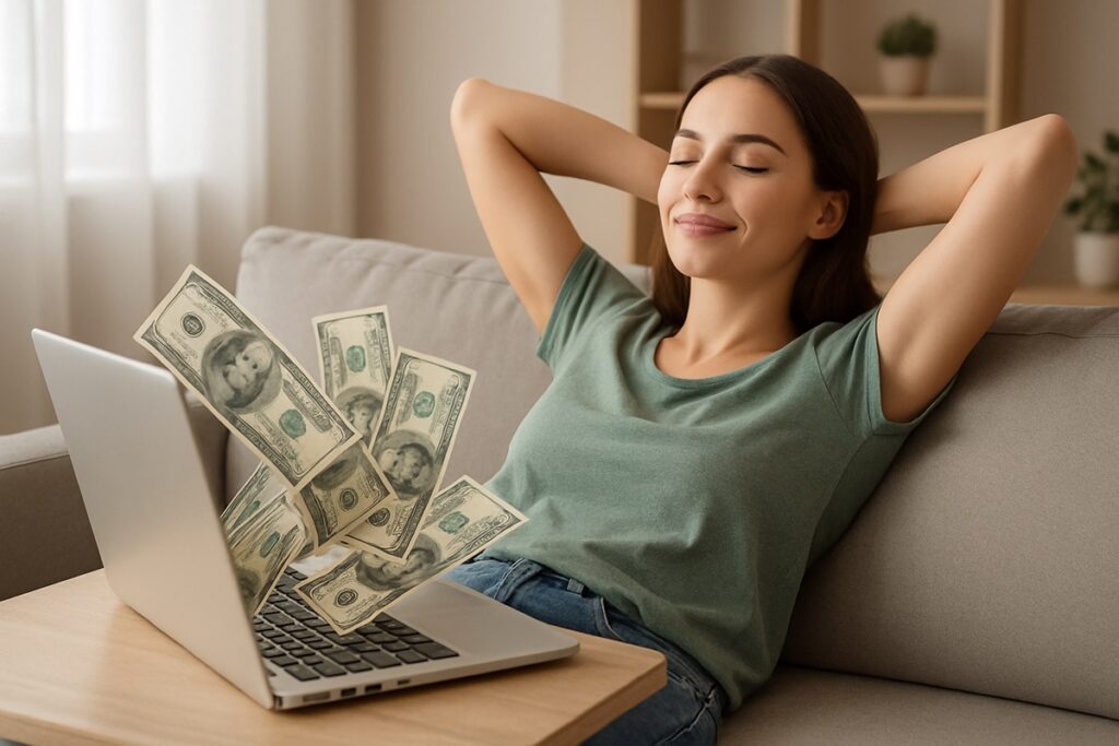 Mulher relaxada no sofá enquanto notas de dinheiro saem de um notebook