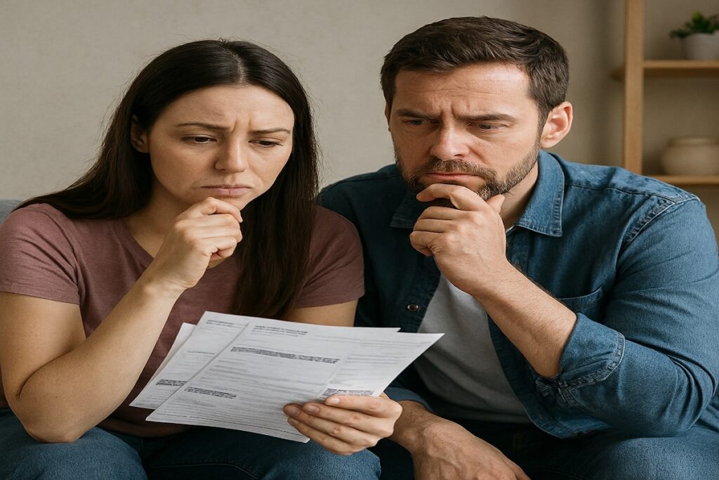 Casal sentado no sofá analisando boletos com expressão preocupada sobre decisões financeiras