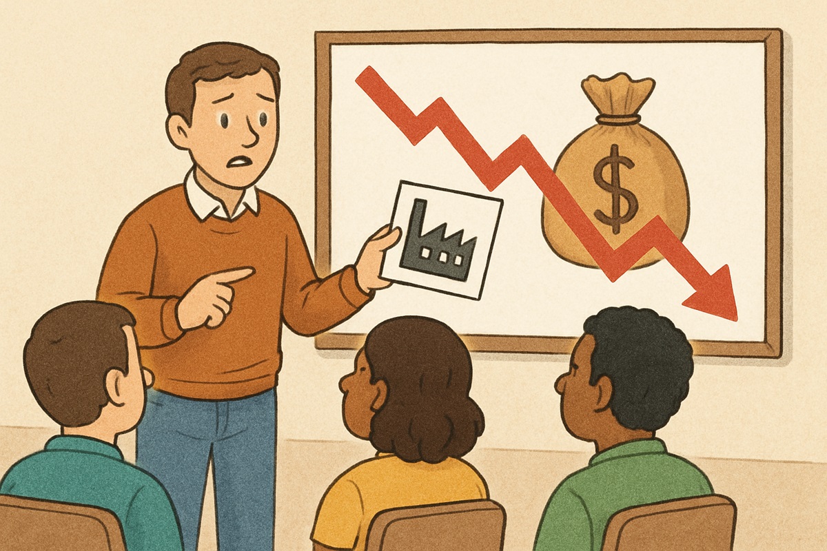 Homem explicando queda financeira para grupo usando gráfico e símbolo de fábrica
