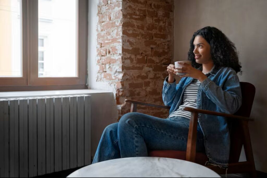 Mulher sorrindo sentada em casa com uma xícara de café, representando independência e conquista do primeiro lar