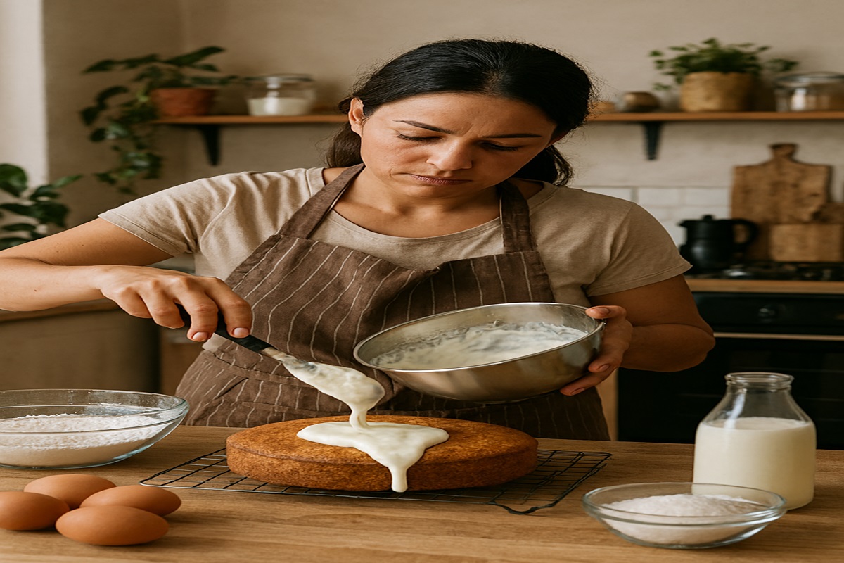 Mulher jovem aplicando cobertura em bolo caseiro na cozinha, fazendo renda extra.