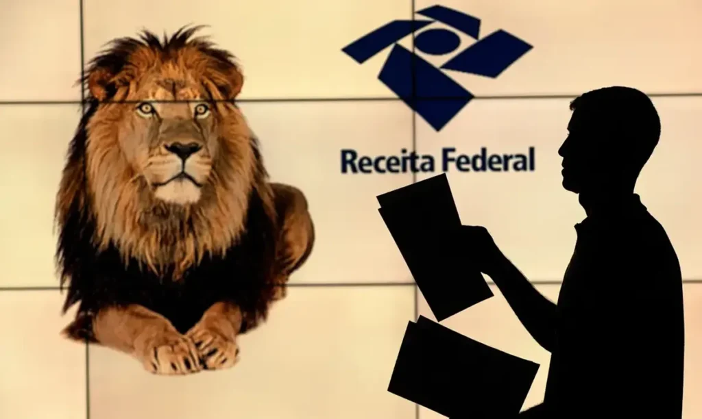 Leão do Imposto de Renda e silhueta de contribuinte com logo da Receita Federal