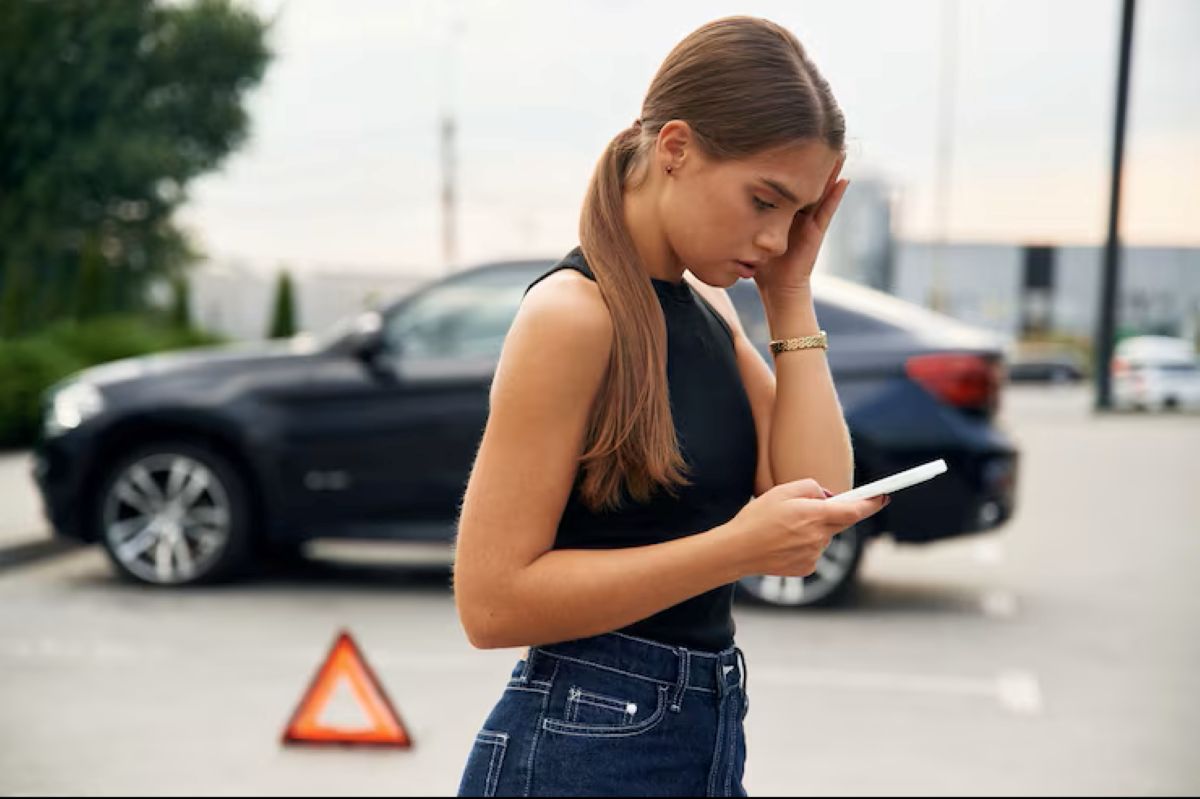 Mulher jovem com expressão preocupada consultando o celular ao lado do carro com triângulo de segurança