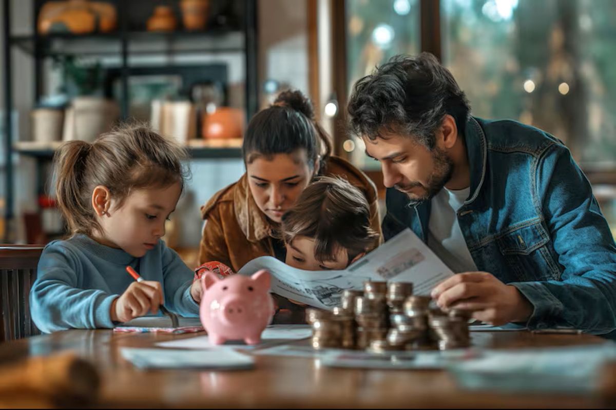 Família (pai, mãe e dois filhos) sentada à mesa, analisando papéis e pilhas de moedas ao lado de um cofrinho rosa. Ilustra a prática de planejamento e educação financeira em conjunto.